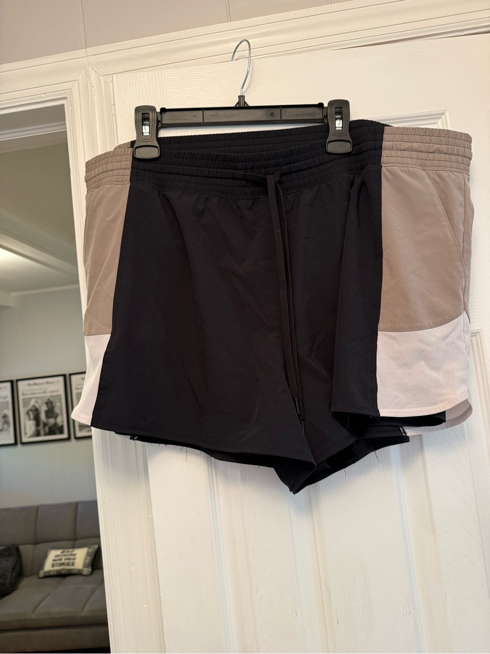 Black Athletic Shorts with Taupe and White Panels